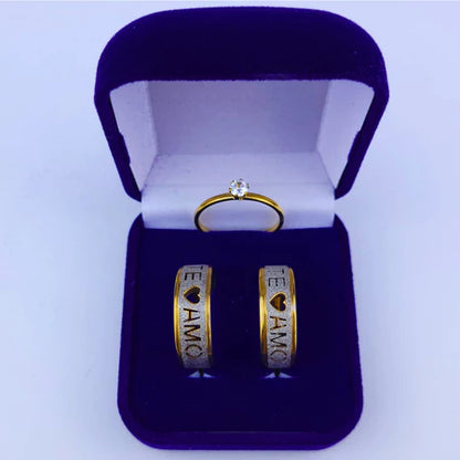 Par de Aliança Anel de Namoro Prata e Dourado Te Amo Com Anel Solitário Dourado 2mm Namoro Compromisso