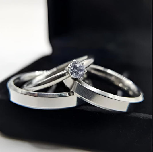 Par de Aliança E anel solitário Namoro Aliança Prata Tradicional Quadrada