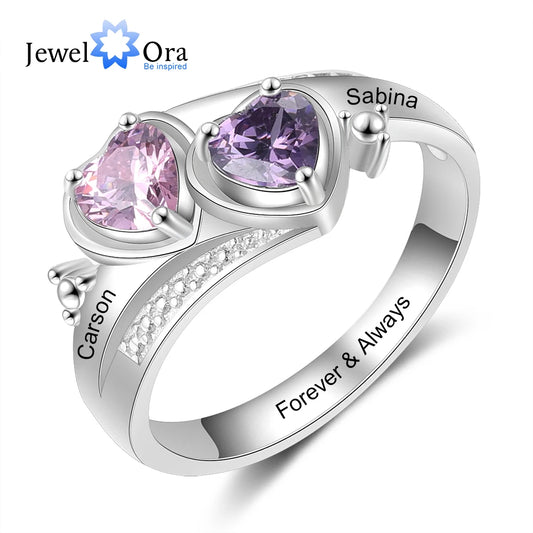 JewelOra Personalized Name Engraved Promise Rings for Women Silver Color Customize Heart Birthstone Wedding Engagement Ring Gift