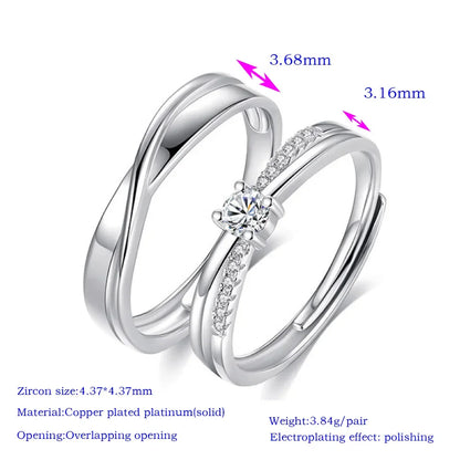 1 Pair Twist Copper Plated Platinum Resizeable Couple Rings Men Women Adjustable Overlap Opening Finger Jewelry