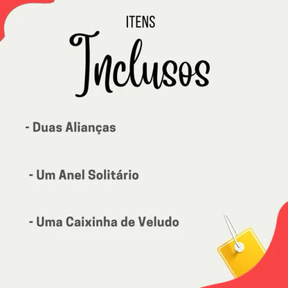 Par de Aliança 4mm Com Anel Luxuoso Inox Pedra De Cristal De Banhado a Ouro + caixinha